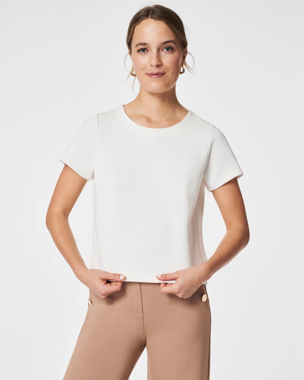 SPANX The Perfect Pleated Back Crewneck Boxy Top Size M in White Short Sleeve